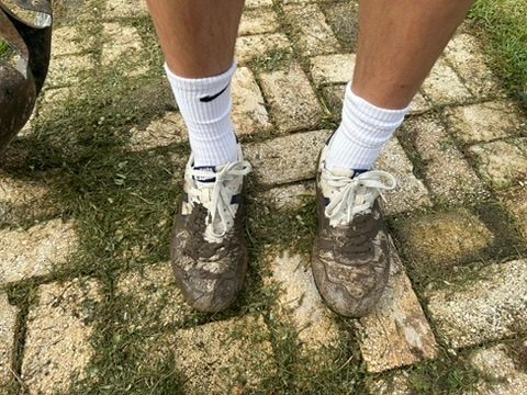 A pair of muddy sneakers on a brick path